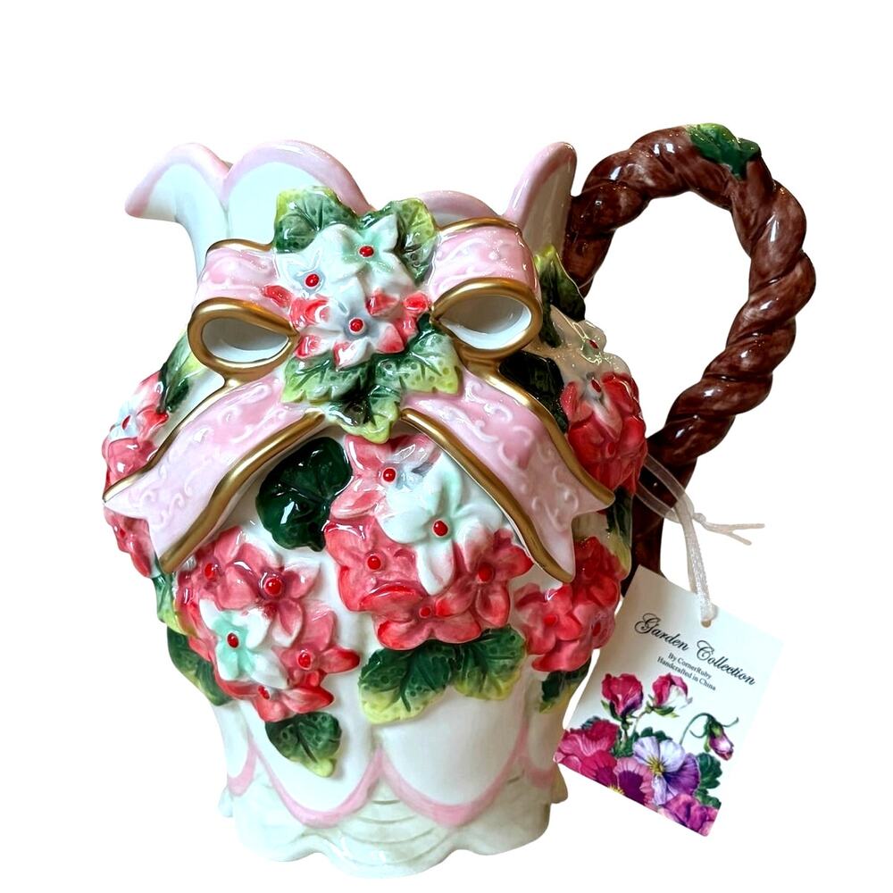 Corner Ruby Botanical Collection Stunning 3D Floral Bow Ceramic Pitcher 8in New